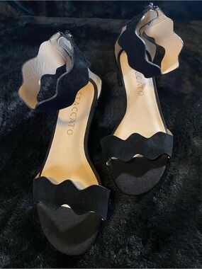 Staccato Black Scalloped Ankle-Strap silver block Heels, zipper closure